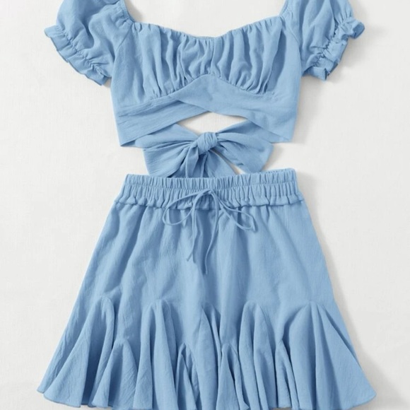 SHEIN Dresses & Skirts - LIGHT BLUE RUCHED BUST CROSS WRAP TIE BACK TOP & HEM SKIRT SET